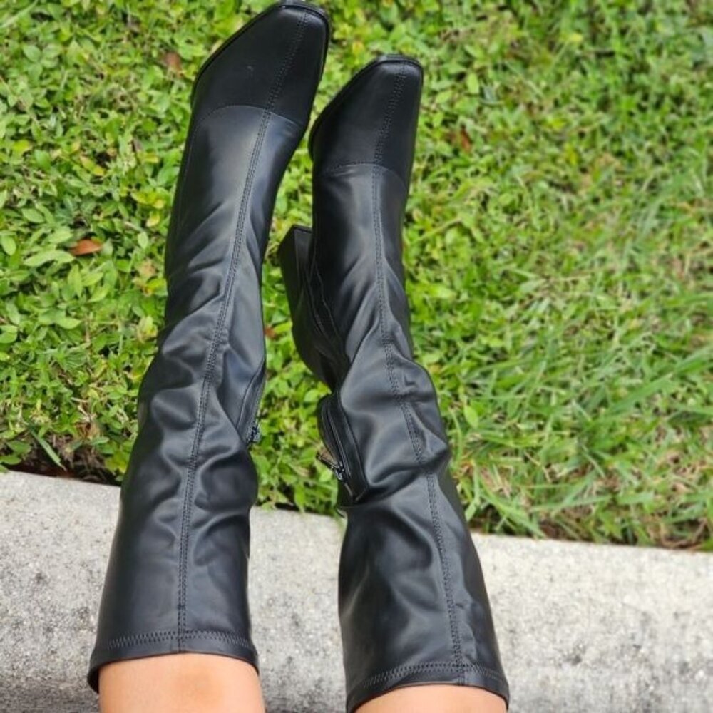 Black Women’s Mid Calf Boots Square Toe Heel Rubber Material - Picture 4 of 8